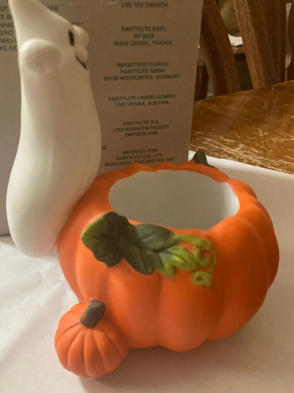 PartyLite White Ghost on Orange Pumpkin Votive Holder